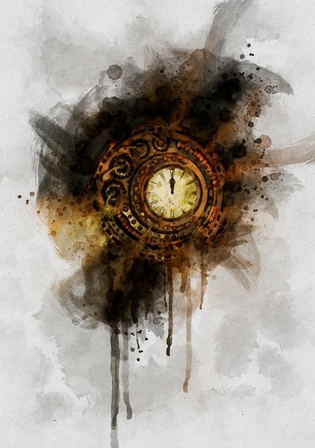 Cette illustration représente une horloge mystique sur fond blanc avec des contours représentant une peinture qui coule. il est indiqué comme heure 00h00, cela fait référence aux heures miroir : titre de cet article