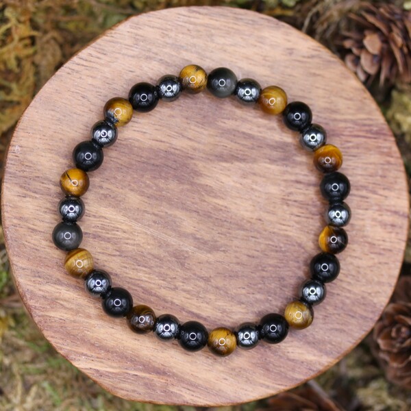 Bracelet Protection Obsidienne Noire, Hematite, Oeil de Tigre perles 6mm