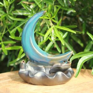 Brûleur d’encens en forme de Croissant de Lune en céramique bleue diffusant des senteurs apaisantes avec cônes ou huiles essentielles