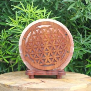 Lampe de sel Himalaya Fleur de Vie en cristal brut diffusant une lumière apaisante