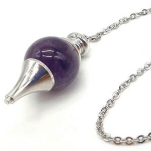 Pendule sphère Améthyste 4 cm avec chaînette et boule 6 mm. Idéal pour radiesthésie, méditation, relaxation et développement personnel.