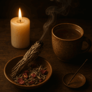 Intention du jour : purification et centrage Rituel : Allumer une bougie blanche. Brûler un petit fagot de sauge pour nettoyer l’espace sacré. Méditer 10 minutes sur ce que tu souhaites purifier dans ta vie. Potion : Potion de protection Eau chaude, sauge séchée, pincée de sel. Visualiser un bouclier de lumière autour de toi. Boire lentement. Encens : Sauge + pétales de rose pour éloigner les énergies négatives.