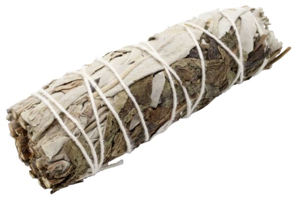 Fagot de Sauge Blanche & Menthe 10 cm. Purifie les énergies, rafraîchit l’air et favorise relaxation, concentration, méditation et bien-être intérieur.