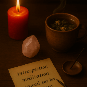 Intention : introspection, méditation, travail sur les émotions Rituel : Méditation avec un cristal (améthyste ou quartz rose). Visualiser l’équilibre intérieur et le calme. Potion : Infusion méditative Camomille + verveine + zestes d’orange. Boire en respirant profondément et en te connectant à ton intuition. Encens : Bois de cèdre pour ancrage et stabilité.