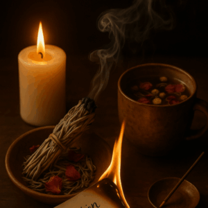 Intention : libération finale et purification Rituel : Écrire tout ce qui te pèse et brûler le papier. Passer la fumée de l’encens autour de toi et de ton autel. Potion : Potion de libération avancée Eau chaude + pétales de rose + brin de romarin + camomille. Visualiser les énergies négatives s’évaporer avec la vapeur. Encens : Sauge blanche + bois de cèdre.