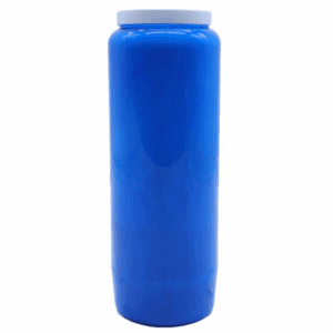 Bougie neuvaine bleue en cire végétale, utilisée pour la paix intérieure, la méditation et la clarté émotionnelle sur neuf jours.