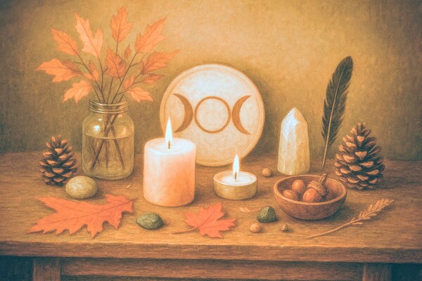 Collecte feuilles, glands, branches tordues, pommes, citrouilles miniatures, herbes de saison… → Ajoute une bougie noire pour la protection, ou orange pour le feu intérieur. → Mets y également tes pierres, créations de saison et tout autre élément symbolique. L’autel te rappelle que tu fais partie du cycle.