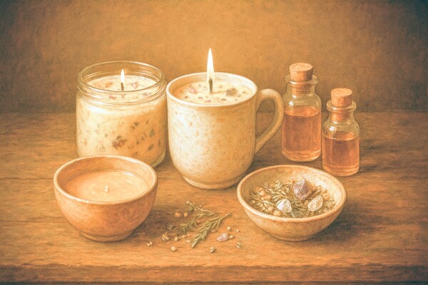 Mélange cire naturelle + huiles essentielles (cèdre, cannelle, clou de girofle). Glisse-y à l’intérieur des pétales ou herbes séchées, voire quelques cristaux. → Grave un symbole magique sur la cire avant d’allumer. Le feu donne vie à ta volonté.