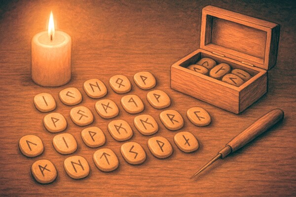 Grave des runes sur des pierres, glands ou rondelles de bois. → Consacre-les dans de la fumée d’encens. Les runes sont vivantes : ne les utilise qu’avec respect.