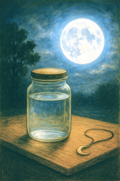 Expose cette eau dans un récipient en verre près de ton autel. → Charge-la selon la pleine lune du mois : Lune du Sang (octobre) : protection, transformation, lâcher-prise Lune du Castor (novembre) : préparation, sécurité, stabilité Lune du Chêne (décembre) : force, introspection, sagesse, ancrage Chaque goutte porte une histoire d’étoiles.