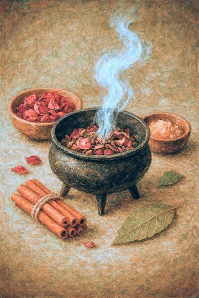 Mélange résines (myrrhe, benjoin), cannelle, pétales de rose (ou tout autre élément selon les vertus que tu recherches). → Brûle-le dans un chaudron ou un brûle-encens. L’arôme est un message qui voyage vers l’invisible.