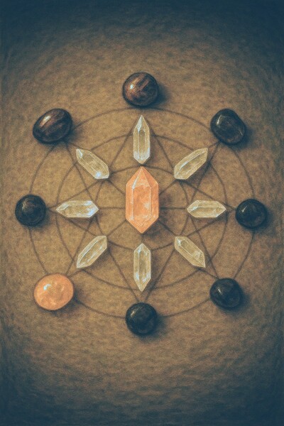 Choisis une forme sacrée : cercle, triple lune, pentacle. Place tes cristaux selon un but (abondance, intuition, paix). → Active la grille en reliant chaque pierre. Une intention nourrie d’ordre géométrique devient plus puissante.
