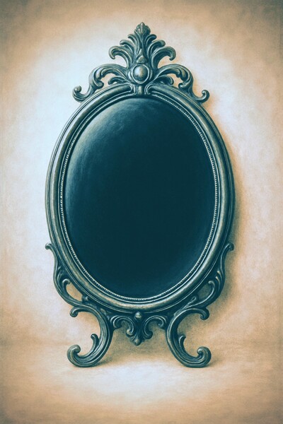 Peins une surface vitrée en noir profond (uniquement le fond). → Médite dans la pénombre : laisse l’image venir vers toi au lieu de la chercher. Le miroir reflète plus que le visible…