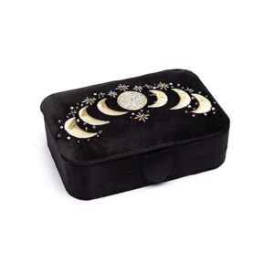 Coffret à bijoux et tarot en velours noir avec motif brodé Phases de Lune et perles décoratives, idéal pour cartes de tarot, oracles et cristaux