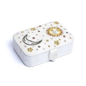 Coffret à bijoux et tarot en velours blanc avec broderie Soleil et Lune, idéal pour cartes de tarot, cristaux et objets spirituels