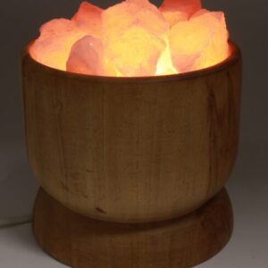 Lampe de sel de l’Himalaya 15x15x15 cm sur socle en bois d’acacia, lumière apaisante et purifiante