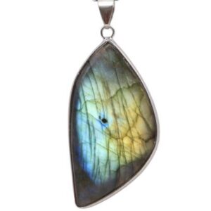 Pendentif Labradorite forme libre 5 cm, pierre naturelle sertie d’acier inoxydable, avec accroche, chaîne non incluse