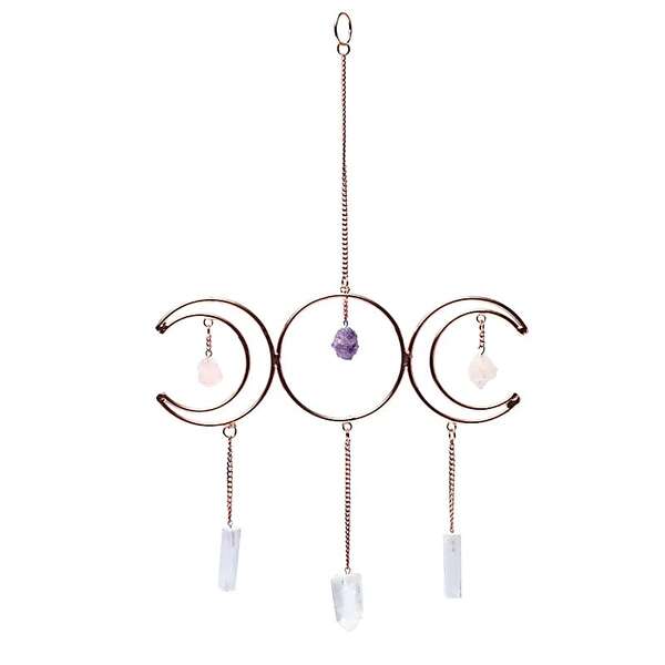 Suspension spirituelle Triple Lune avec cristaux bruts améthyste, quartz rose, cristal de roche et sélénite