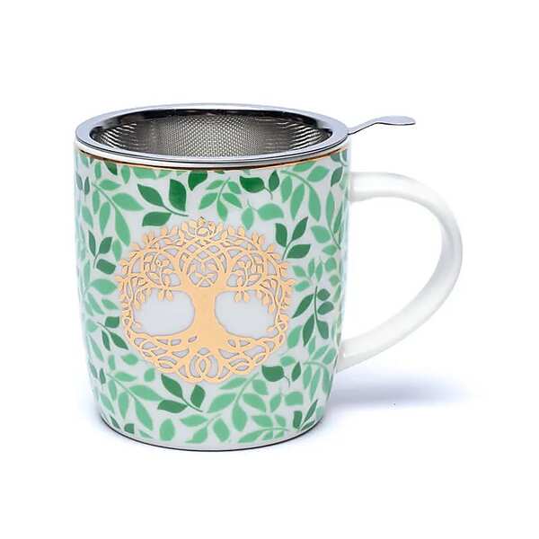 Tasse à thé en porcelaine osseuse ivoire avec motif Arbre de Vie et infuseur en acier inoxydable pour infusion parfaite.