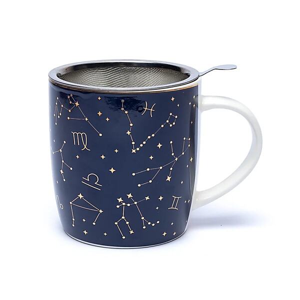 Tasse à thé en porcelaine osseuse ivoire avec infuseur en acier inoxydable et motif constellation astrologique.